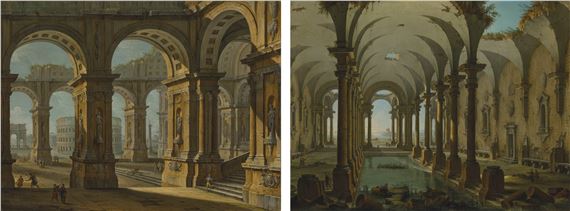 A capriccio of partially ruined baths with people swimming; and A capriccio of Rome with the Colusseum and Arch of Titus by Antonio Joli de Dipi, 1758