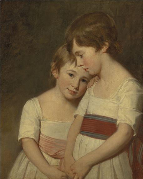 Double portrait of two siblings, three-quarter-length, in white dresses and a red and pink sash, in a landscape by George Romney