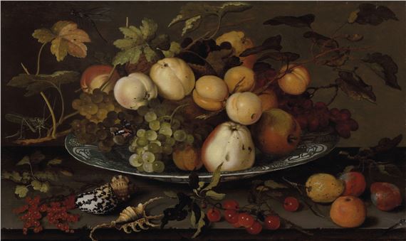 Grapes, peaches, apples and plums in a wan-li bowl on a ledge, with shells, a grasshopper and other fruit by Balthasar van der Ast, 1625