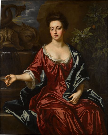Portrait of Susannah Henshaw (1661–1767), three-quarter-length, seated by a fountain, wearing a red dress by John Closterman