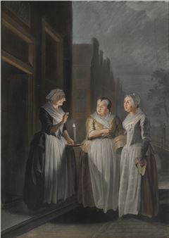 Three women talking at night in a Dutch city, one holding a candle - Jacobus Buys