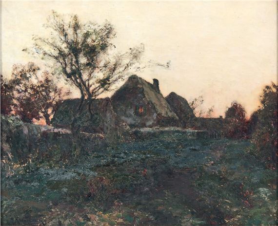 CHAUMIÈRE DANS UN PAYSAGE AU SOLEIL COUCHANT by Michel Korochansky