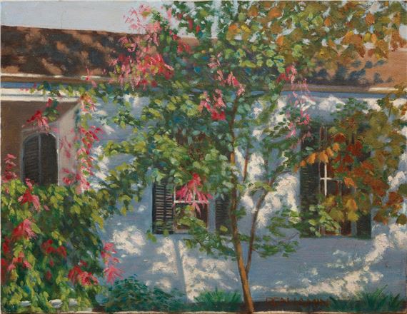 Pink Crepe Myrtle Tree Beside House by Tony Benjamin
