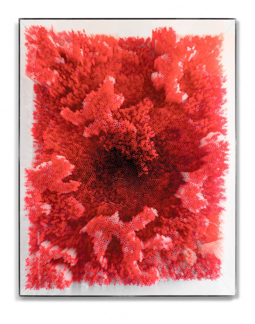 Artwork by Francesca Pasquali, Red straws, Made of wood panel and red lacquered metal