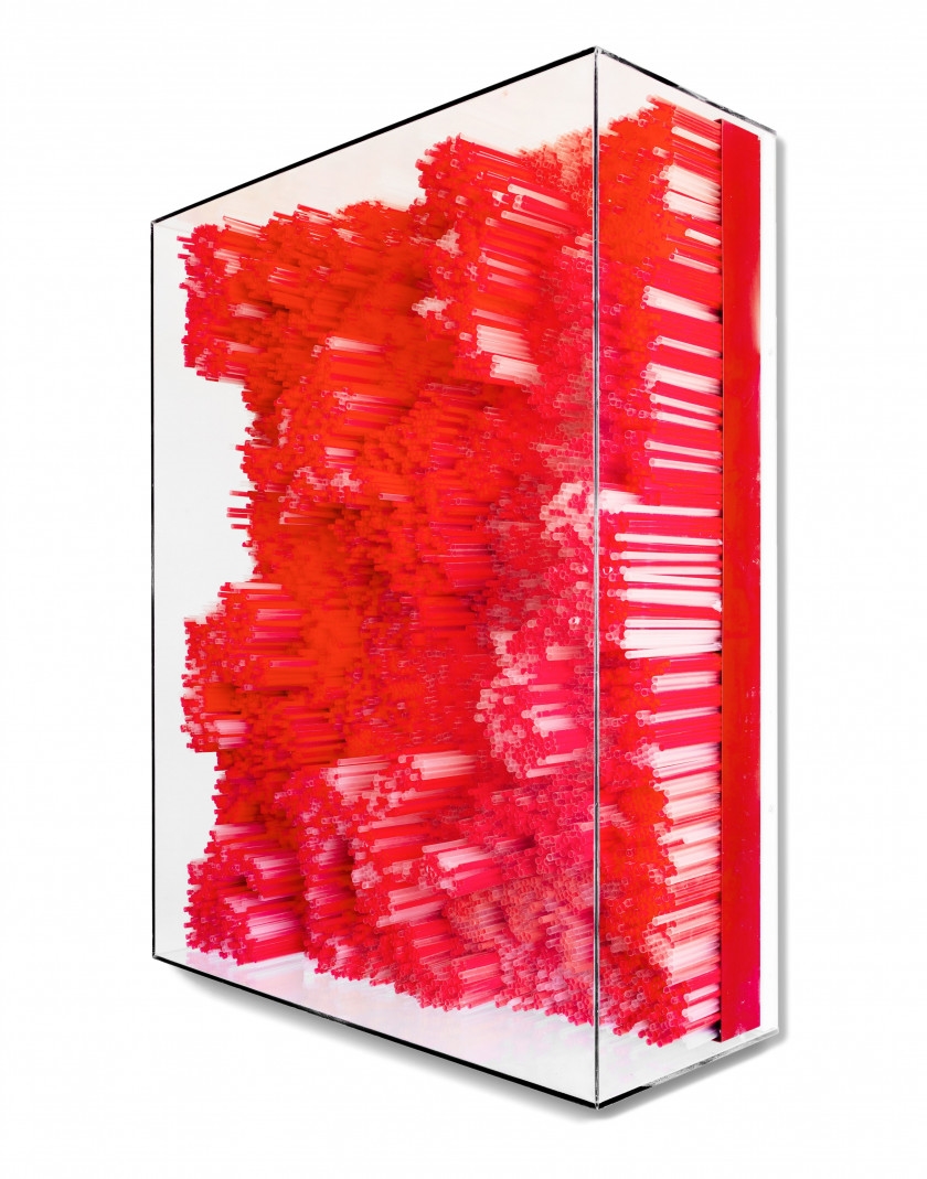 Artwork by Francesca Pasquali, Red straws, Made of wood panel and red lacquered metal