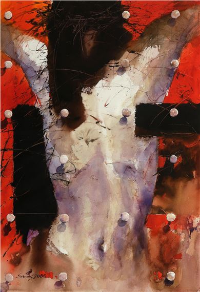 An abstract composition featuring a central figure-like form against a vibrant red background.