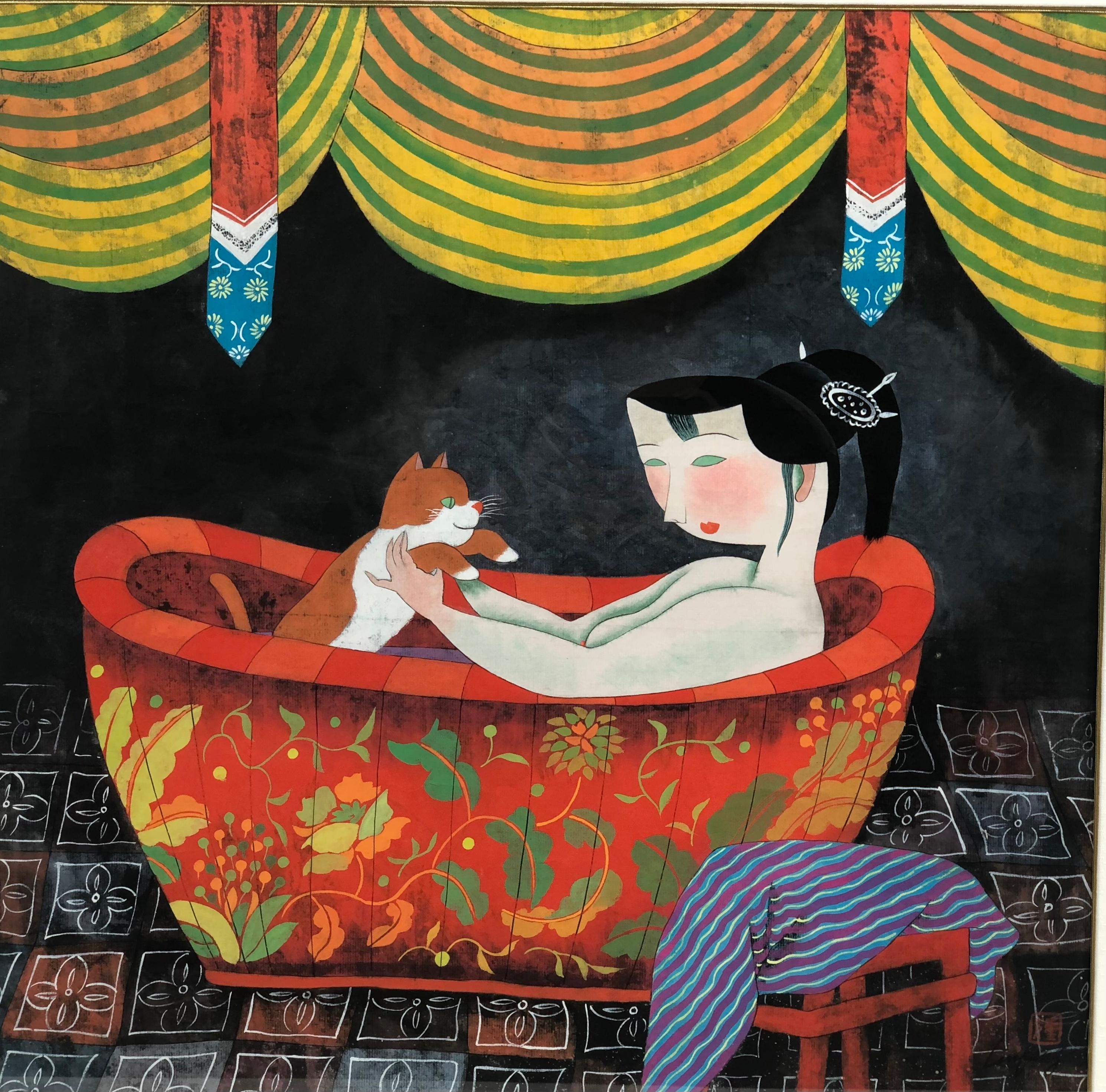 Xie Linfeng | ASIAN WOMAN IN TUB WITH CAT | MutualArt