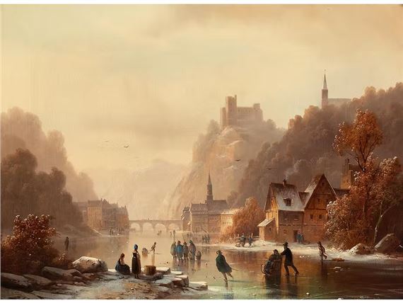 WINTERLANDSCHAFT AN EINEM FLUSS MIT HOHER BURG by Anton Doll