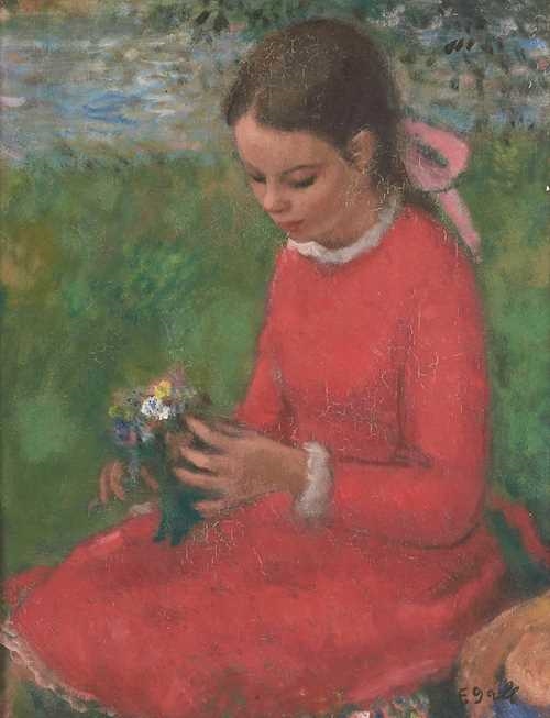 Elizabeth-Anne à la robe rouge et au bouquet champêtre by François Gall