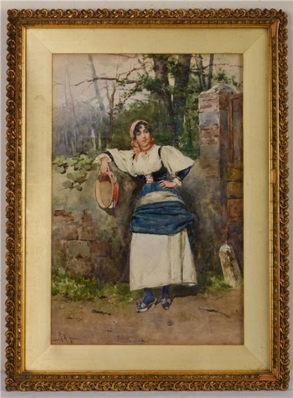 A peasant girl with tambourine standing against a stone wall by Alberto La Monaca