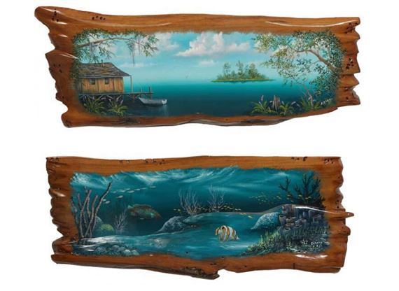 View of a Camp with Boat; Underwater Scape with Fish and Coral