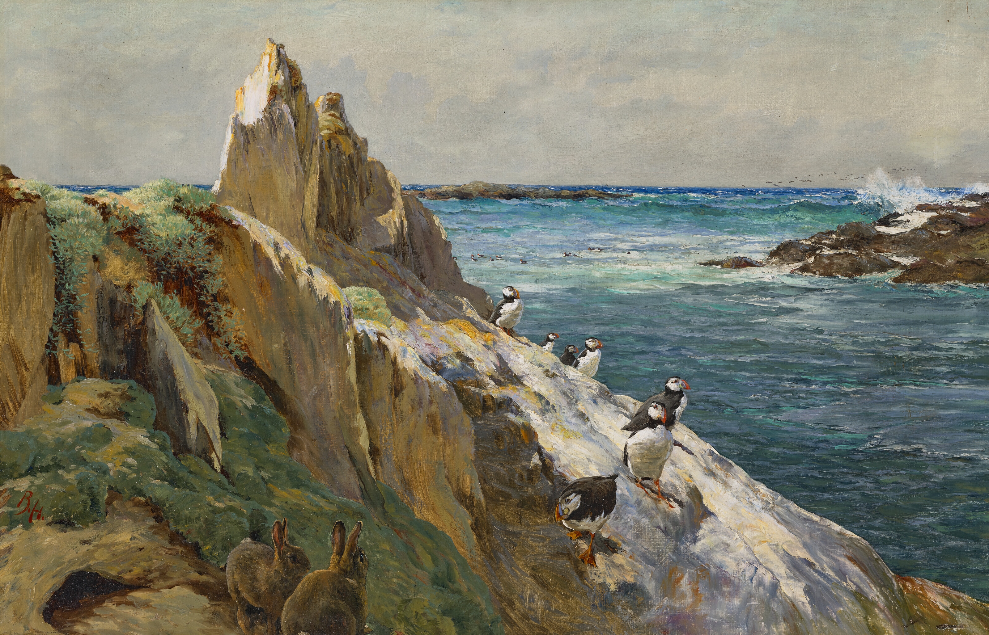Artwork by Bryan Hook, Invaders"The puffins often contend with the rabbits for the possession of some of the burrows." Yarrell., Made of oil on canvas