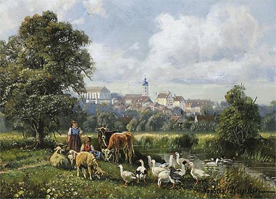 Hirten in Landschaft vor Stadtkulisse by Hubert Kaplan