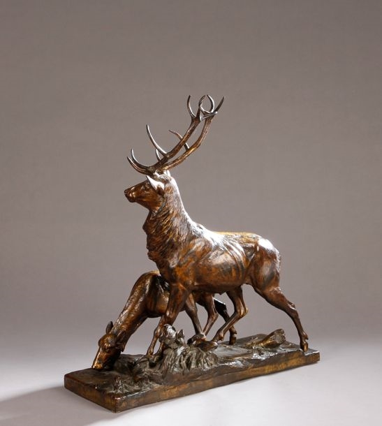 Artwork by Charles Paillet, Stag and doe at the pond, Made of bronze with golden brown patina