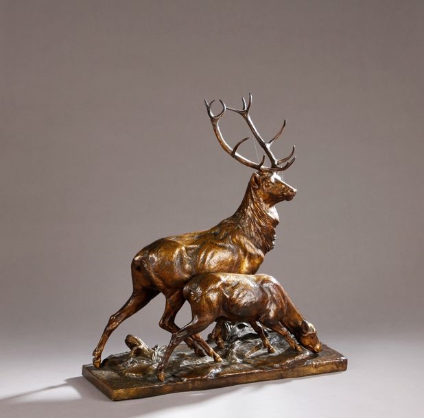 Artwork by Charles Paillet, Stag and doe at the pond, Made of bronze with golden brown patina