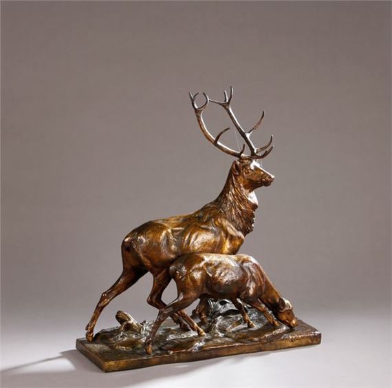 Stag and doe at the pond by Charles Paillet