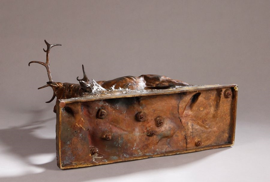 Artwork by Charles Paillet, Stag and doe at the pond, Made of bronze with golden brown patina