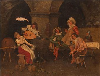 Tavern scenes of musicians serenading girls - L. Cerale