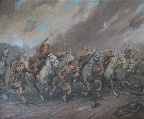 CHARGE OF SCOTS GREYS AND HIGHLANDERS AT ST. QUENTIN by Conrad Heighton Leigh, August 1914