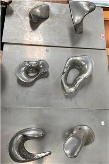 scrap "Aluminium Art" x 3, panels with raised abstract shapes on 3 rectangular wall plaques - Catherine Dewar Bailey