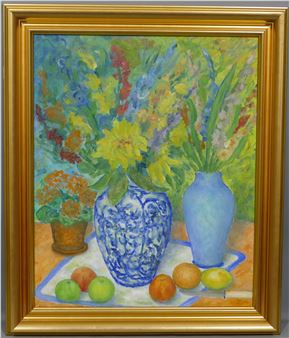 till life oil on board of vases of flowers with fruit in foreground - Gino Bazetti