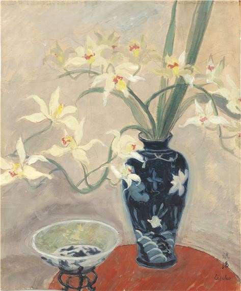 Bouquet de lys ou Nature morte au vase meiping fleuri dhibiscus et au bol bleu blanc (Bouquet of Lily of Still life with a meiping vase with lily flowers and a bleu and white bowl) by Lê Ph?
