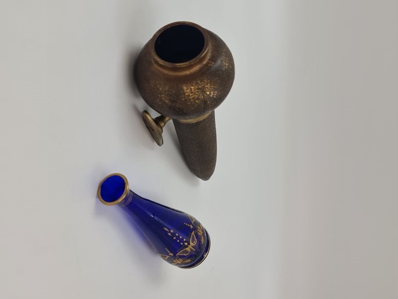 Artwork by Val Saint Lambert, Soliflores, Made of Crystal decorated with gold butterflies; Blue Crystal with electroplating and decorations of garlands of flowers.