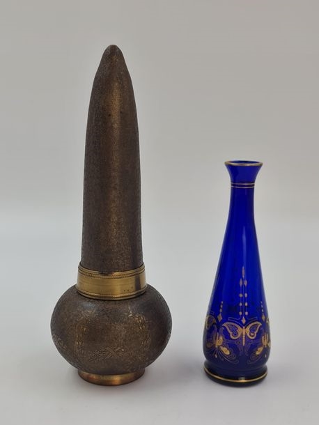 Artwork by Val Saint Lambert, Soliflores, Made of Crystal decorated with gold butterflies; Blue Crystal with electroplating and decorations of garlands of flowers.