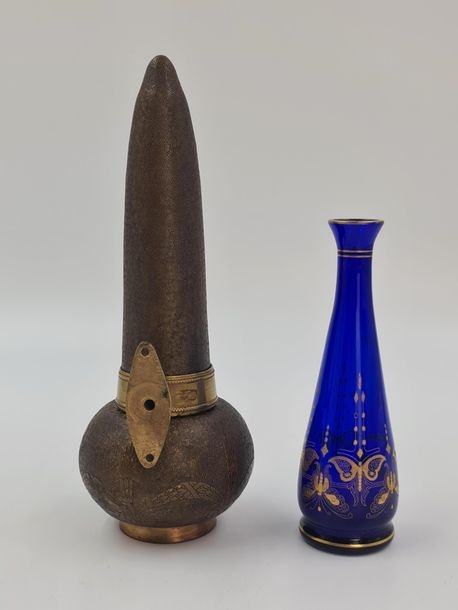 Artwork by Val Saint Lambert, Soliflores, Made of Crystal decorated with gold butterflies; Blue Crystal with electroplating and decorations of garlands of flowers.