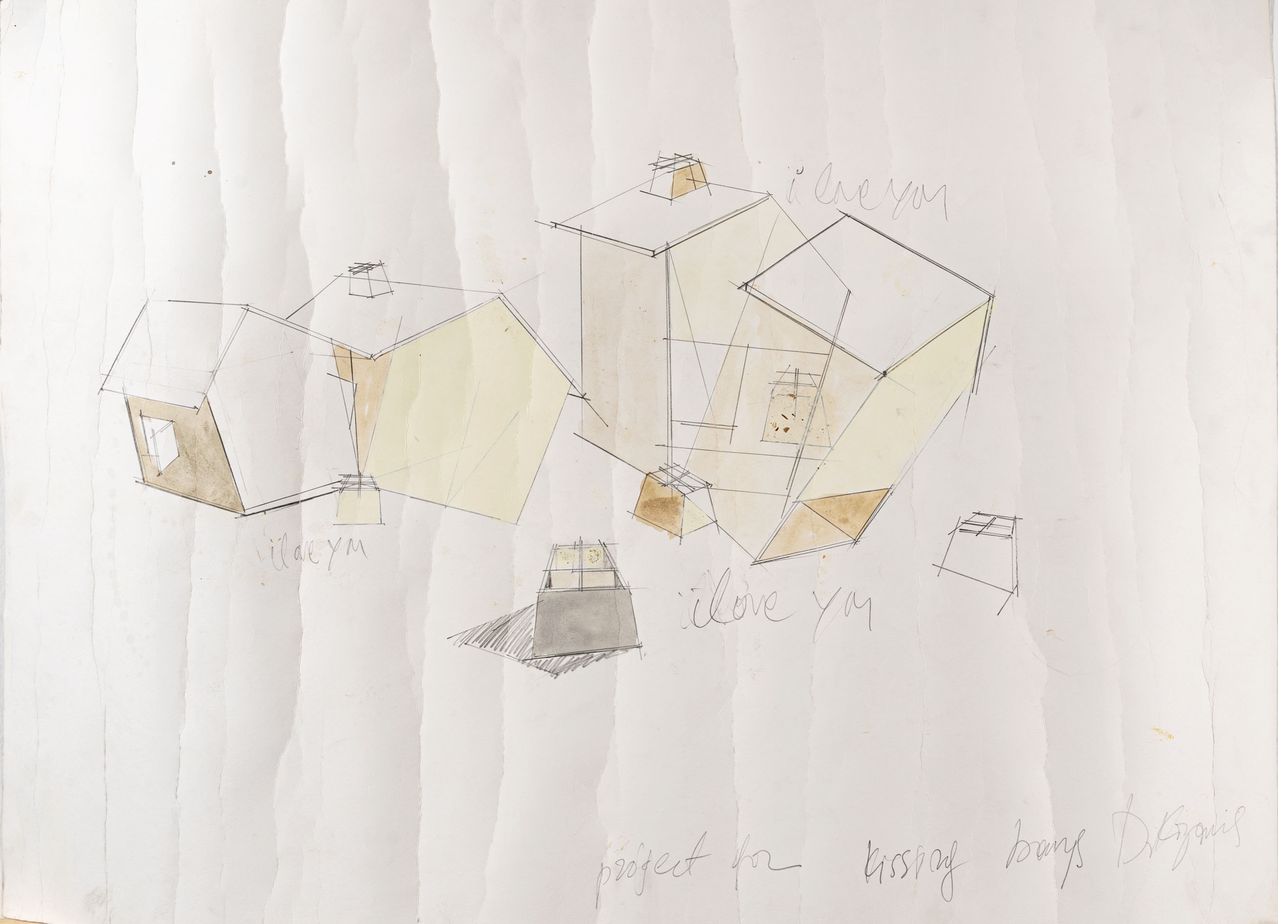 Artwork by Dimitris Kozaris, Untitled - Kissing barns, Made of Drawing, mixed media on Fabriano cardboard