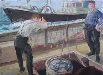Stowing the catch whilst posing for a photograph, fishing boats at sea - Peter Mcginn