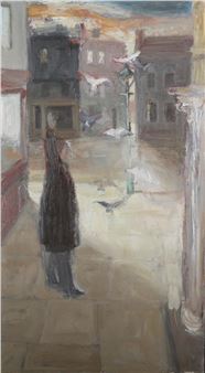Street scene with figure of a man and birds - Peter Mcginn