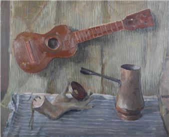 Still life of copper vessel, model of a hand and a classical guitar hanging on a wall - Peter Mcginn