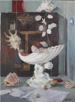 Still life of shell-shaped vase, seashells and honesty - Peter Mcginn