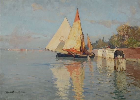 fishing boats in the lagoon in front of Venice by Manuel Wielandt, 1863