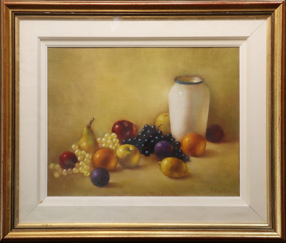 Artwork by Peter Dee, STILL LIFE WITH FRUITS AND A VASE, Made of Oil on board