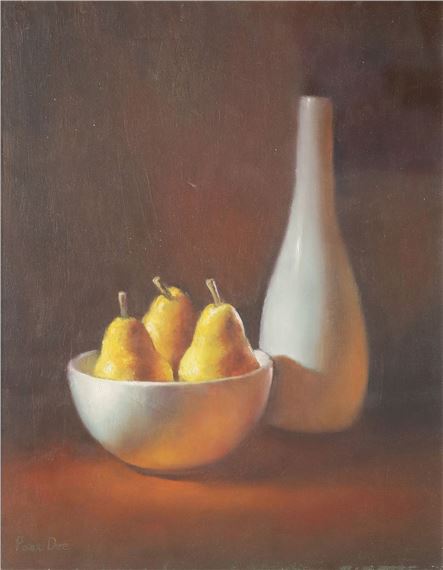 STILL LIFE WITH PEARS AND CERAMIC VASE by Peter Dee