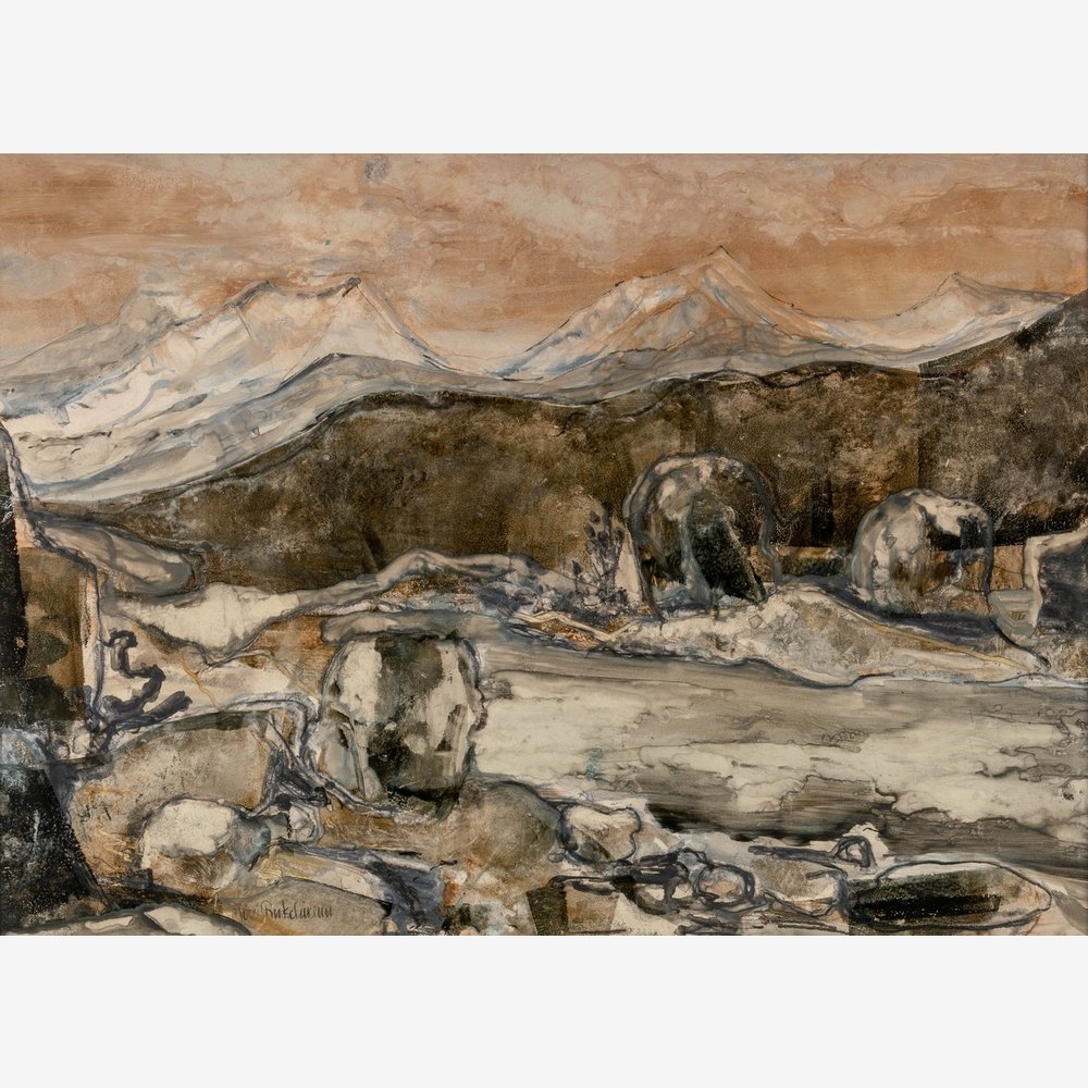 Artwork by Toni Rutschmann, Tibet, Made of Wax colors/mixed media in shades of gray and brown