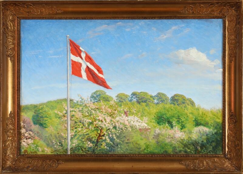 Artwork by Niels Skovgaard, View of a garden with the Danish flag on a summer's day, Made of Oil on cardboard