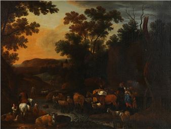 Travellers with sheep and cattle crossing a river - Italo-Dutch School, 18th Century