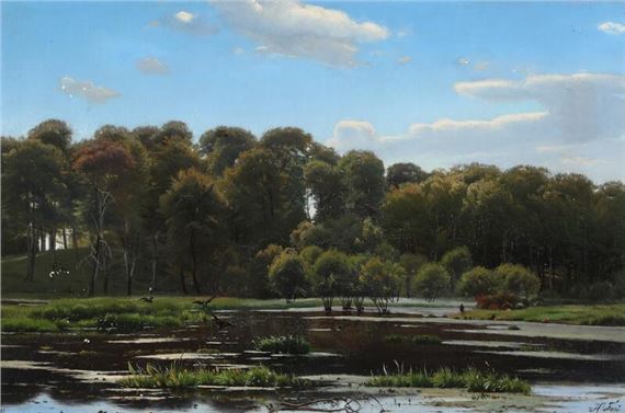 Summerlandscape with lake and forest by Harald Frederik Foss, 1881