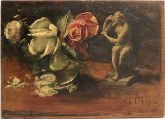 Bouquet de roses près de la statuette - Pierre Alexis  Lesage