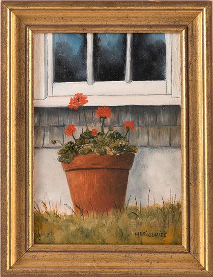 Pot of geraniums by a window. by Marieluise Hutchinson