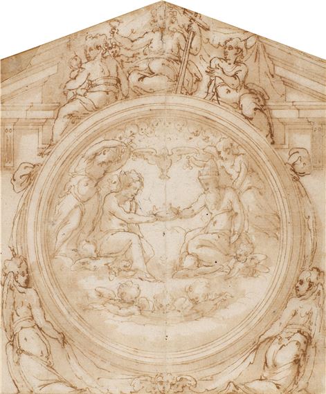 Design for the upper section of an altarpiece with the Holy Trinity flanked by Angels surmounted by the Theological virtues in a pediment by Giorgio Vasari
