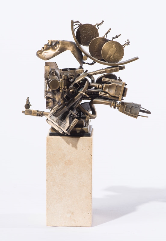 Artwork by Theodore Gall, Racing with Money, Made of Bronze on marble plinth