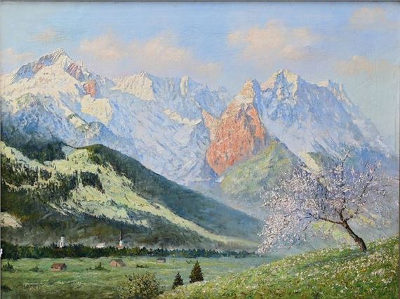 Blossoming trees in the Wetterstein mountains by Walter Thamm