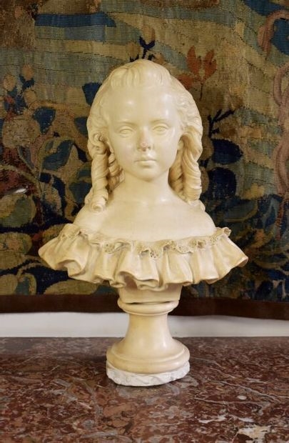 Artwork by Joseph Mezzara, Bust of a young girl in a smocked dress in plaster, Made of plaster