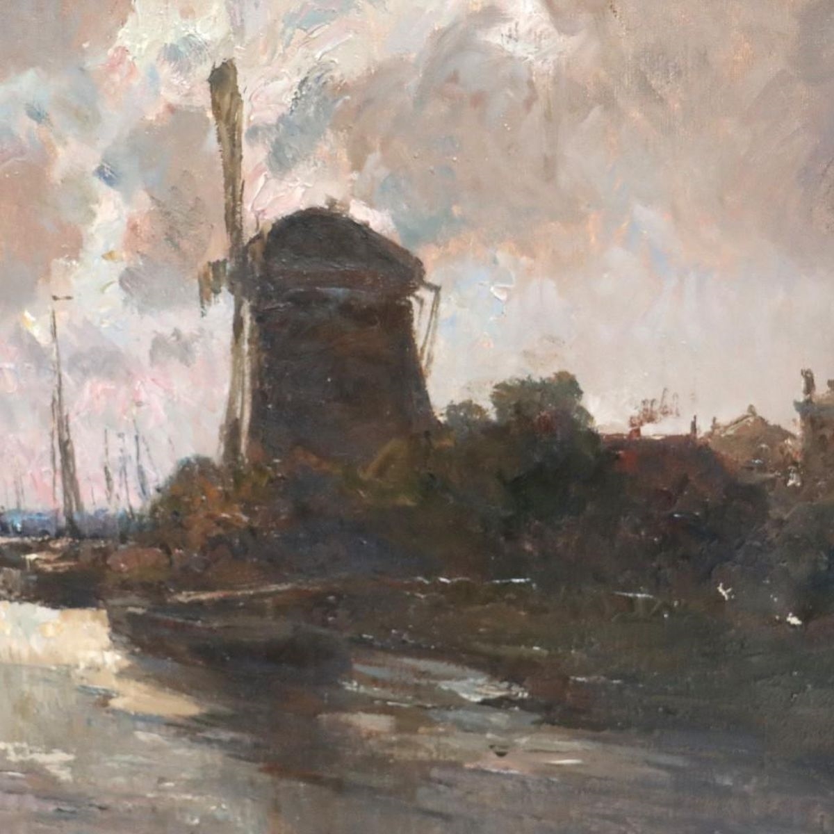 German Grobe | Untitled (River landscape with windmill and boats ...