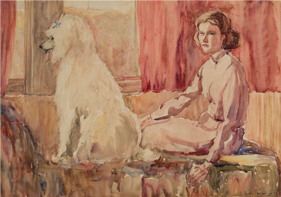 SEATED LADY WITH A LONG HAIR POODLE - C. Stuart