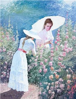Two Women Picking Flowers - Law Kwok Leung